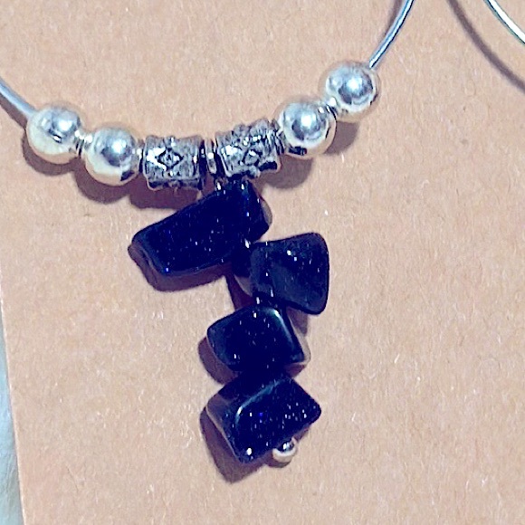 Beautiful Silver Ball โFancy Hoopsโ w/Natural Healing Navy Sparkling Sandstones - Picture 4 of 16